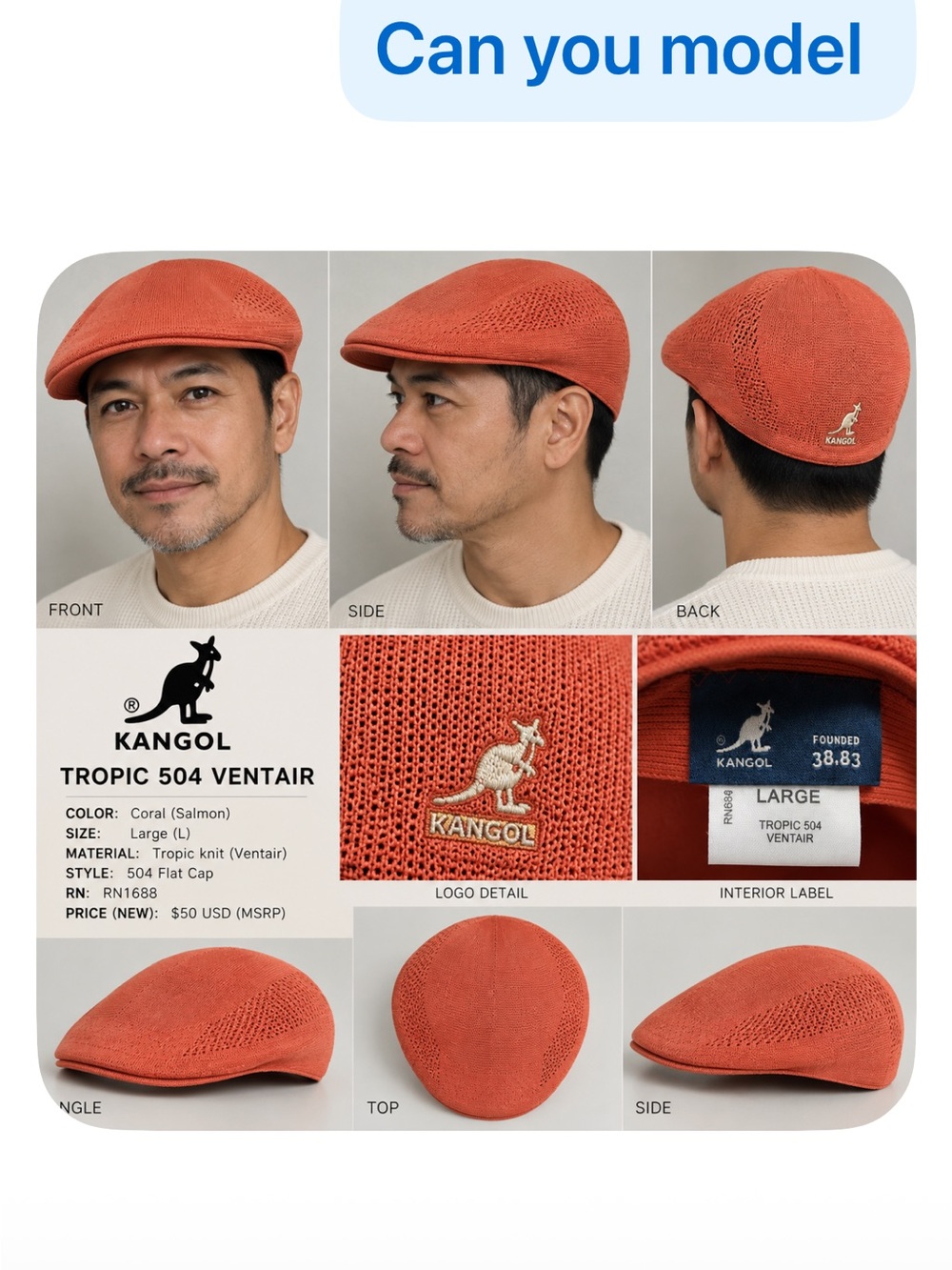 Kangol Men's Tropic 504 ventair Knit Flat Cap in Rust Orange Large